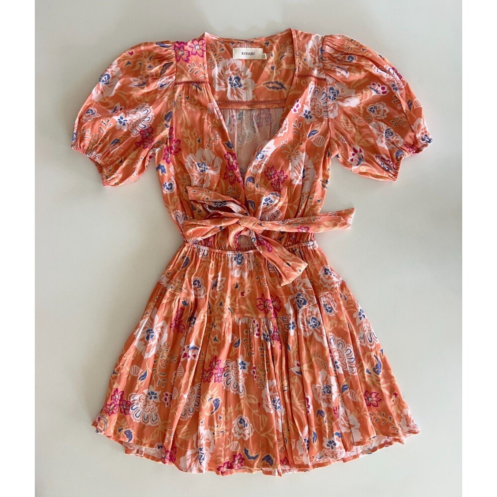 Kivari Orange Floral Puff Sleeve Mini Dress with Tie Waist β Size 2